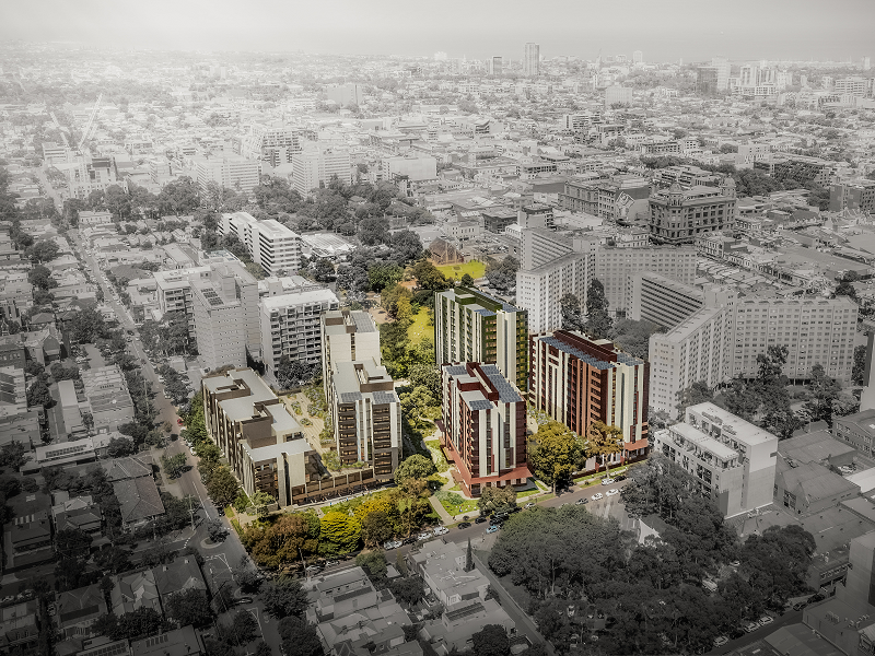 Render of Essex Street, Prahran - tall buildings surrounded by trees