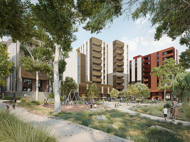 Render of Essex Street, Prahran - tall building with play area for kids, surrounded by trees, equipment to play for kids and people around