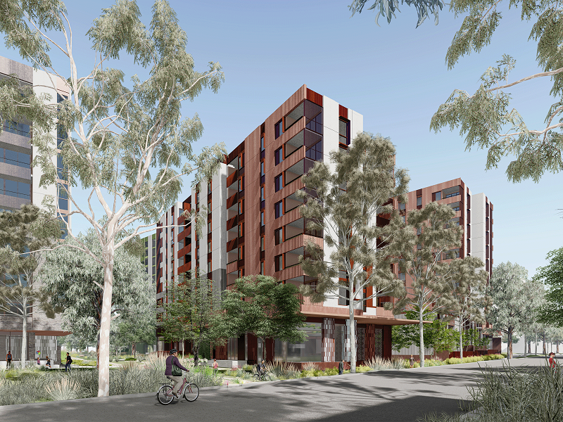 Render of Essex Street, Prahran - tall building with good roads for people surrounded by trees