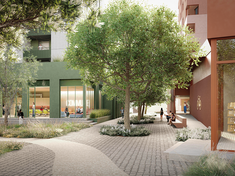 Render of Essex Street, Prahran - building with beautiful entrance, community space with green trees surrounded