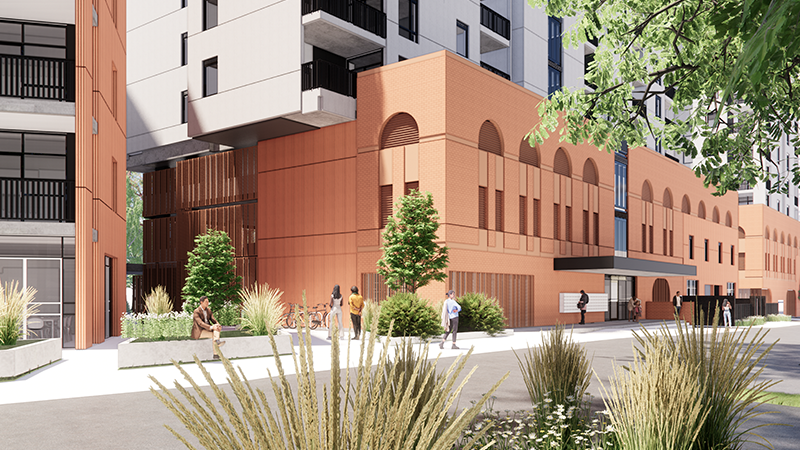 Image of artist render of Holland Court, Flemington showing the new apartments - a residential apartment tower in front of a road with trees and shrubs