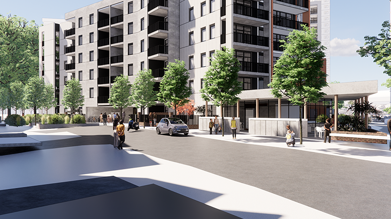 Image of artist render of Holland Court, Flemington showing the new apartments - a residential apartment tower in front of a road with cars. Trees separate the building from the road