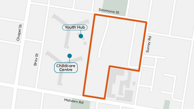 Map showing the location of the Simmons Street site between Simmons Street, Surrey Road and Malvern Road. The existing towers with the childcare centre and the Youth Hub are next to the site.